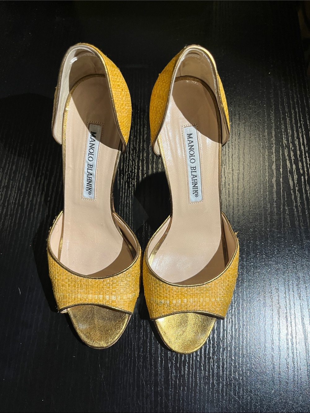Manolo Blahnik Yellow Textured Open-Toe D'Orsay Heels
